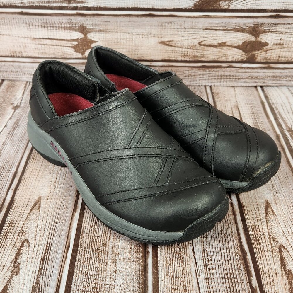 MERRELL Jovilee Lattice Women's 6 Black Leather Slip-On Hiking Loafer Shoe EUC